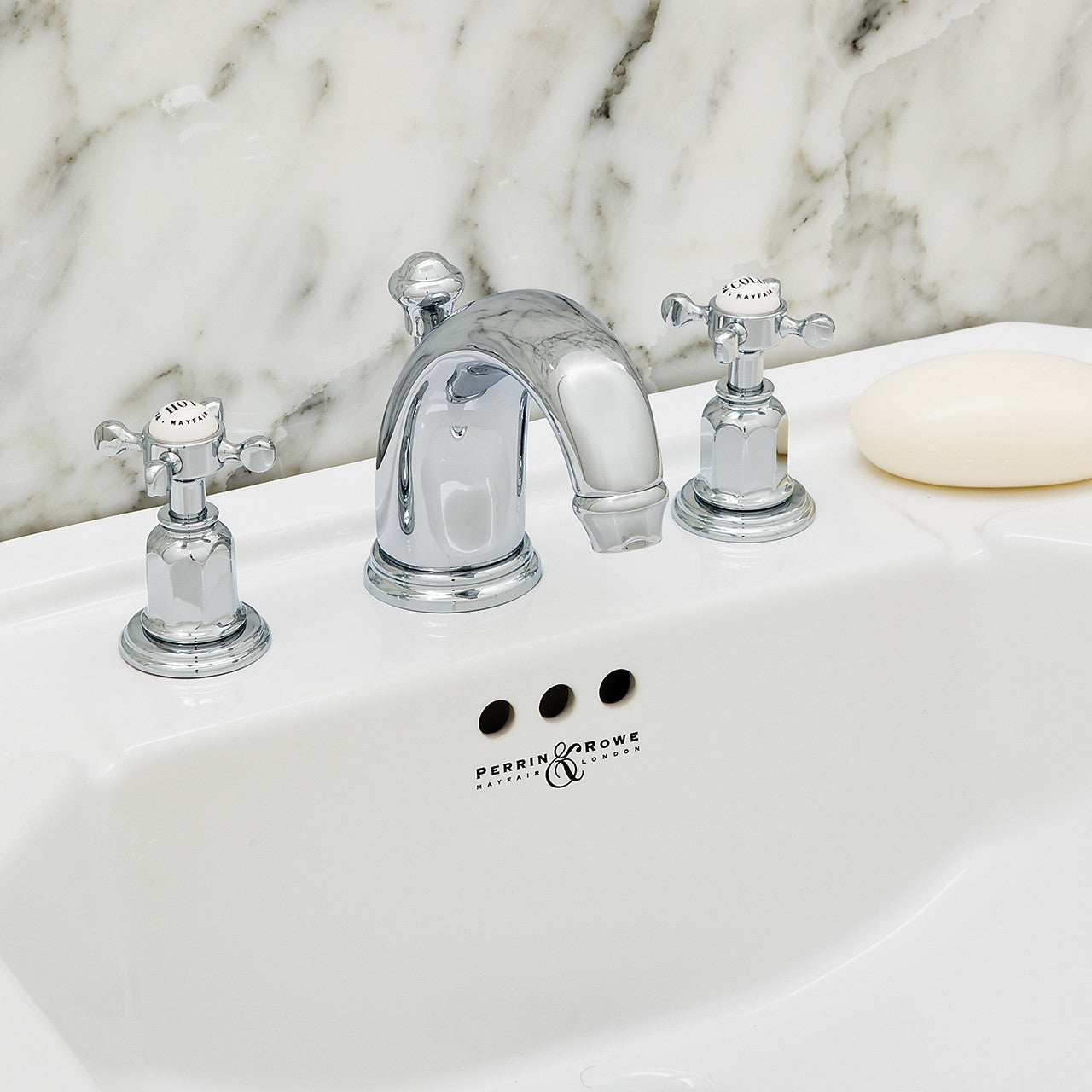 Perrin & Rowe Three hole basin set with low profile spout and crosshead handles
