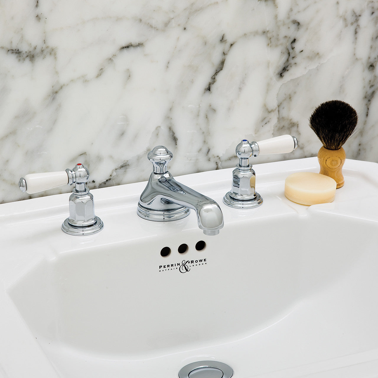 Perrin & Rowe Three hole basin set with low profile spout and lever handles